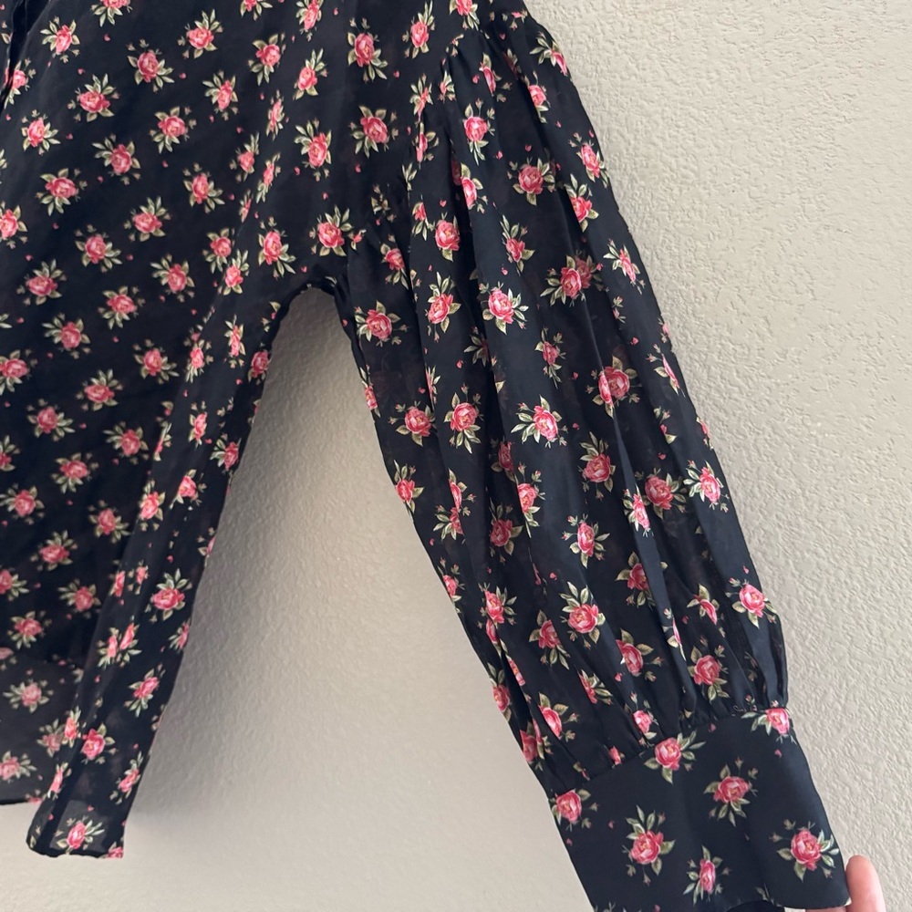Alice + Olivia Paulita Top Med Black Pink Floral Cotton Silk Designer Feminine - Picture 10 of 12